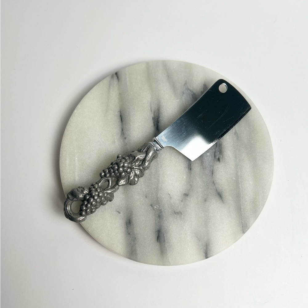 Vintage Arthur Court White Marble Cheese Board & Silver Grapevine Knife